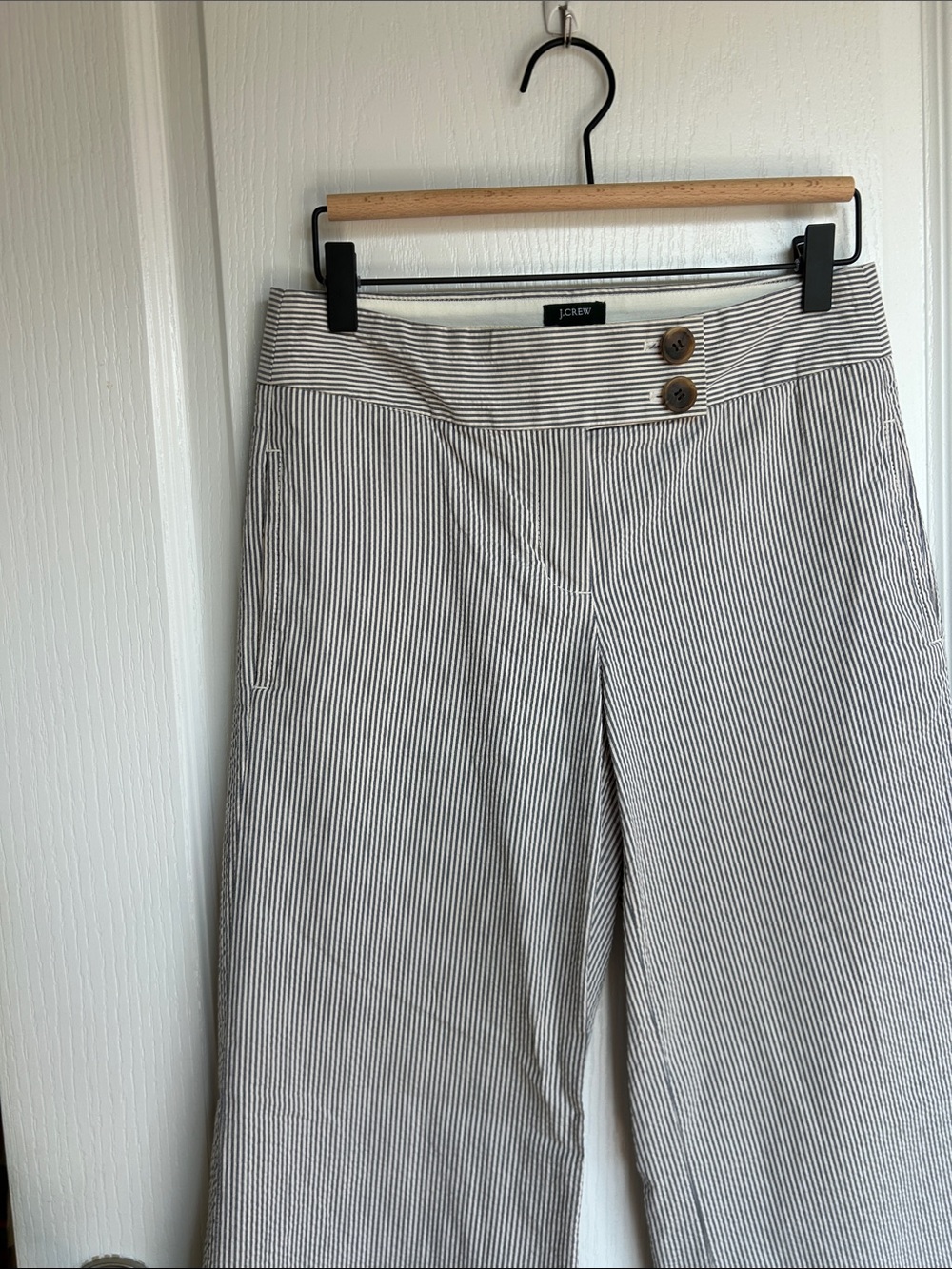 J. Crew Striped Seersucker Wide-Leg Pants in Navy & White